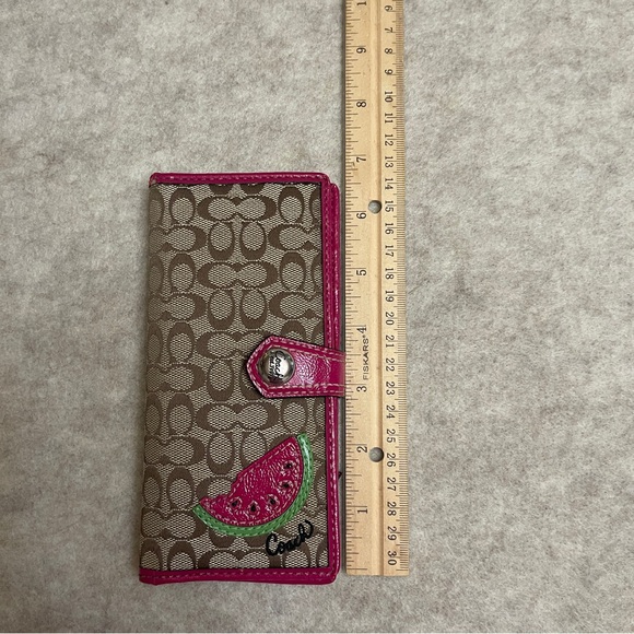 Coach Watermelon Signature Canvas Long Snap Wallet Pink Trim *read* Rare - Picture 15 of 15